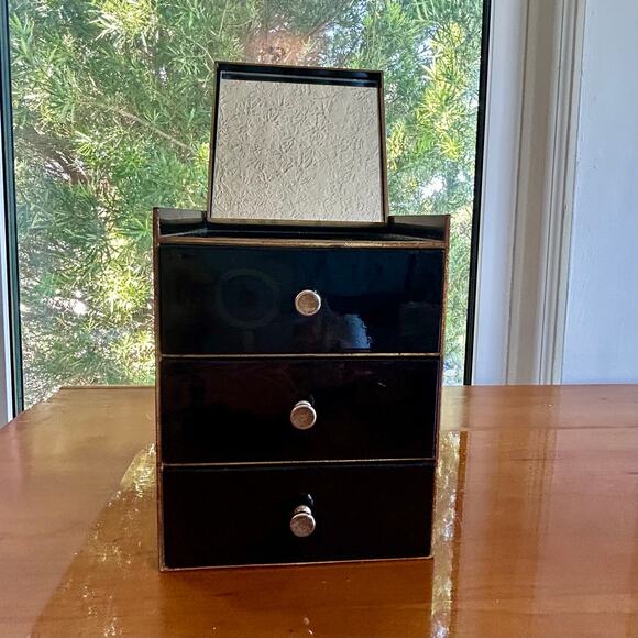 Vintage Otagiri Black Lacquer Jewelry Box with Mirror & Seashell Design - Picture 8 of 16